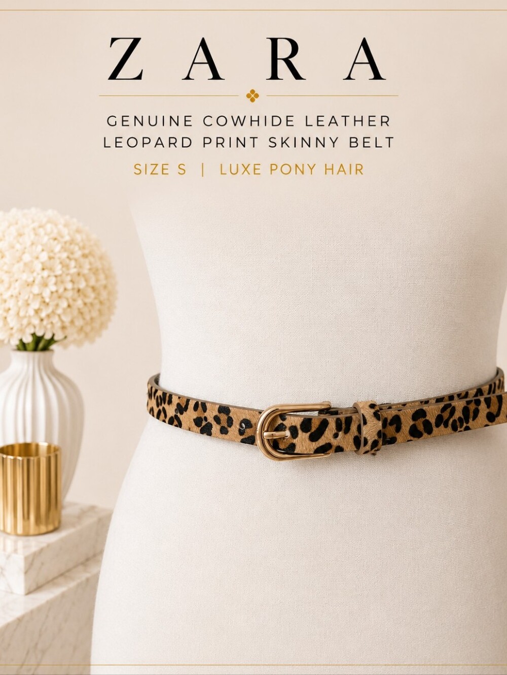 ZARA Genuine Cowhide Leather Leopard Print Skinny Belt | Size S | Luxe Pony Hair